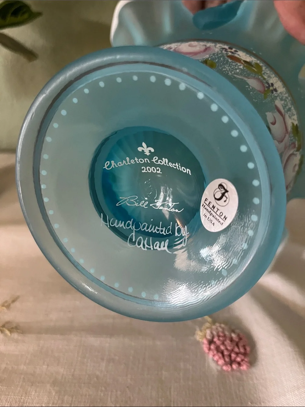 Fenton Charleton Collection 2002 Blue Satin Floral Basket Bill Fenton Signed